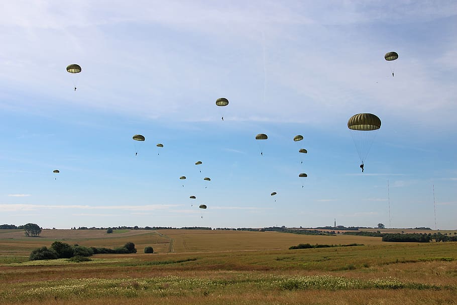 salto, paracaídas, paracaidista oringer, bundeswehr, ejercicio, soldados, humanos, aterrizaje, düren, sarre