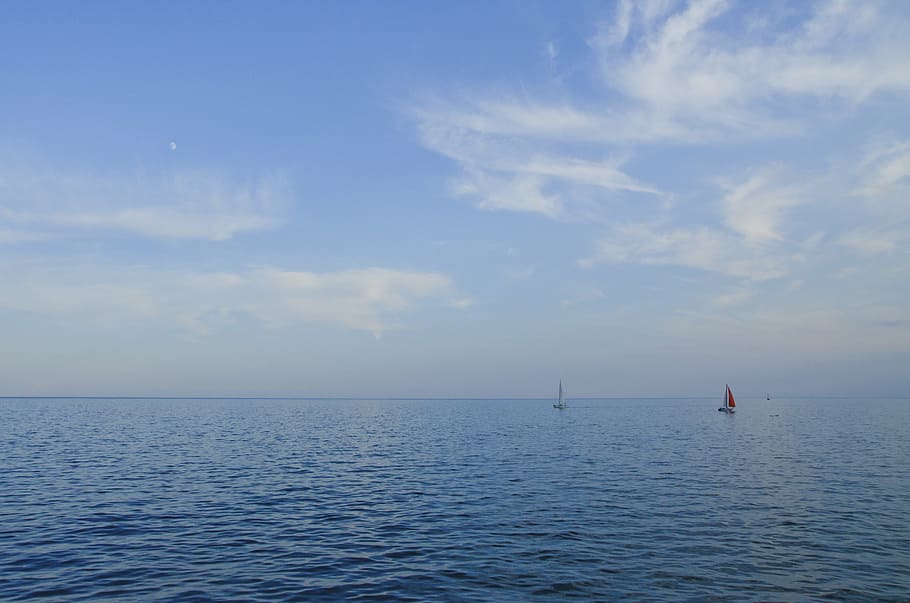 two, sail, boats sailing, sea, sailboat, ocean, blue, sky, white, clouds
