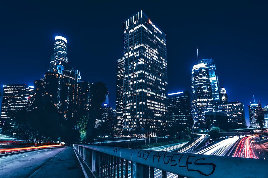 time lapse, road city, night time, los angeles, california, city, urban, buildings, skyscrapers, cityscape