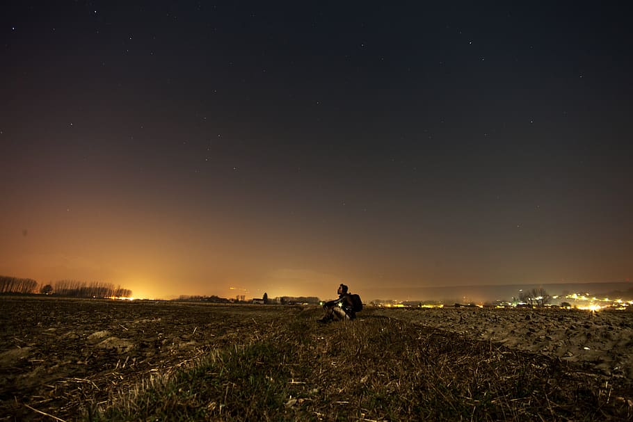 man, sitting, alone, field, grass, boy, stars, sky, looking, astronomy