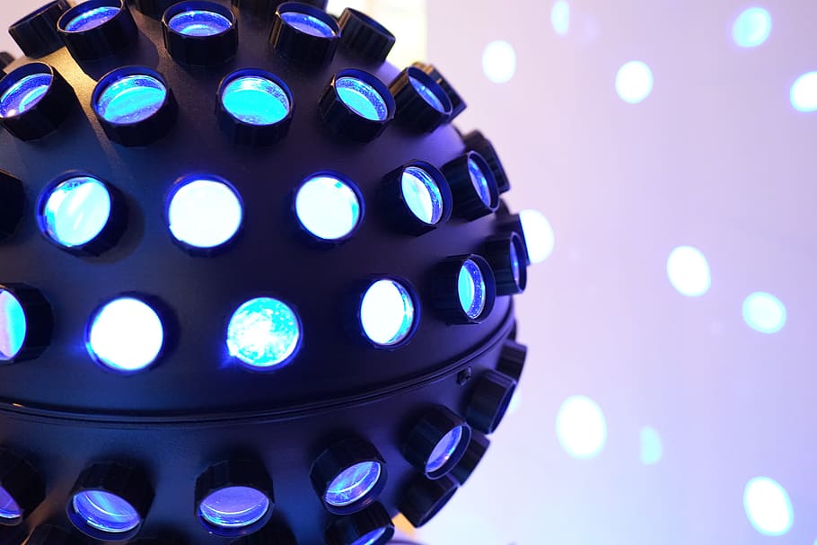 black disco ball, lighting, dj, disco, spots, led, blue, projection, music, entertainment