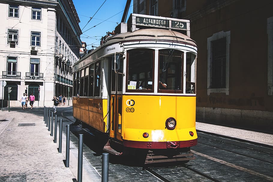 yellow, tram, streets, Lisbon, Portugal, urban, cable Car, transportation, urban Scene, street