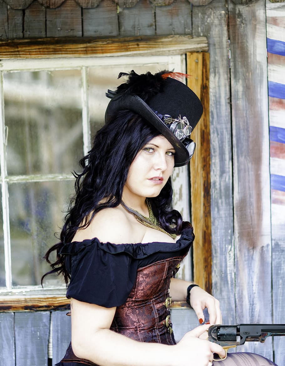 woman, black, cowboy hat, holding, revolver gun, Pretty Girl, Western, Steam Punk, gun, girl