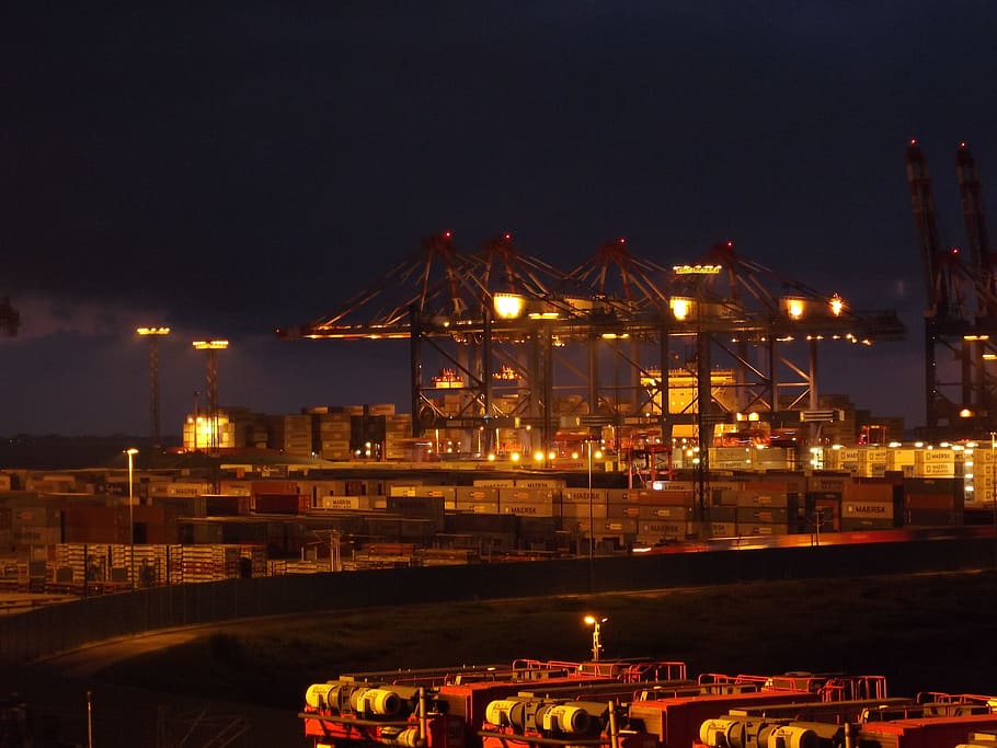 shipping, port, shipping port, container port, port handling, harbour cranes, container gantry crane, night, illuminated, industry