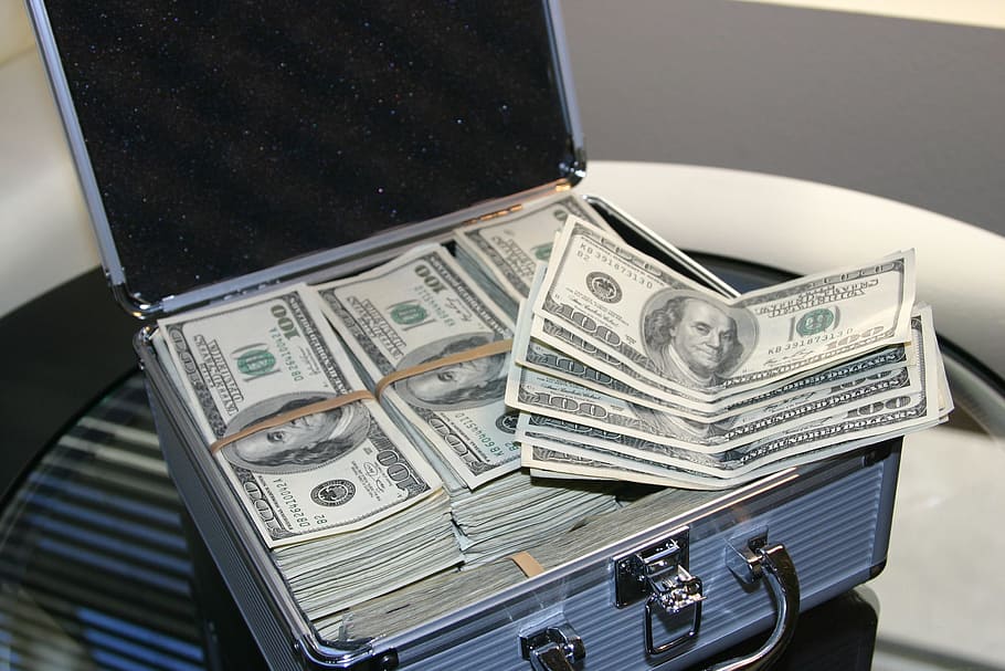 bundle, 100, us, dollar banknote, silver briefcase, money, dollars, success, business, finance