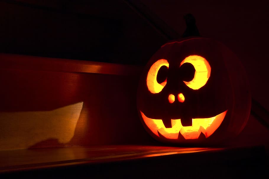 jack-o-lantern lamp, wooden, surface, halloween, pumpkin, face, creepy, spooky, scary, lantern