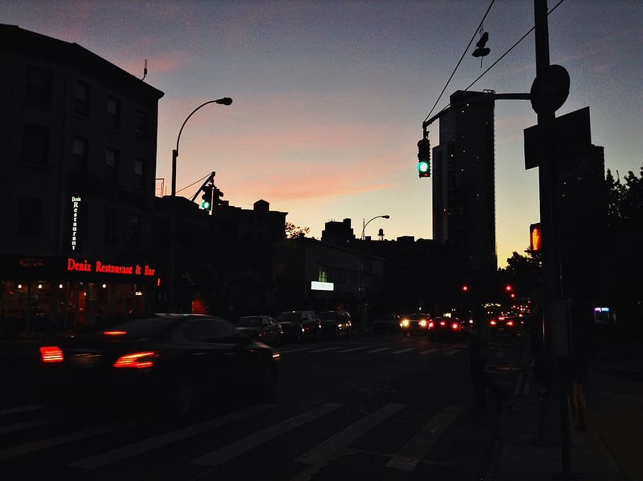 silhouette photo, building, white, sky, cars, running, street, sunset, dawn, dark