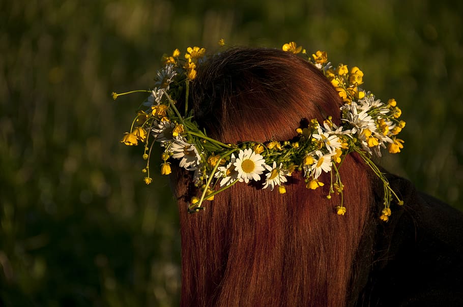 woman, wearing, yellow, ox-eyed daisy headress, summer crown, flowers, red, nature, women, flower