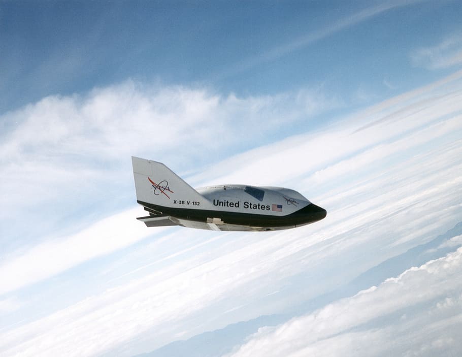 x-38, space vehicle, flight, clouds, crew return, flying, test mission, prototype, cloud - sky, transportation