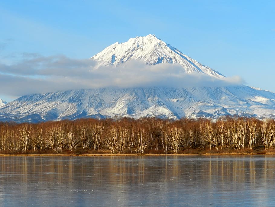 snow-covered, mountain, body, water, koryaksky volcano, kamchatka, autumn, forest, snow, golden grass