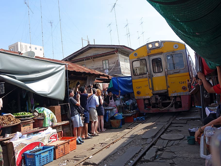 people, standing, railway, train, maeklong railway market, track, marketplace, seafood, vegetable, canopy