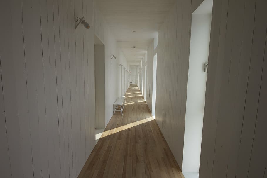 closeup, brown, white, paint hallway, hallway, corridor, parquet, bench, endless, paneled