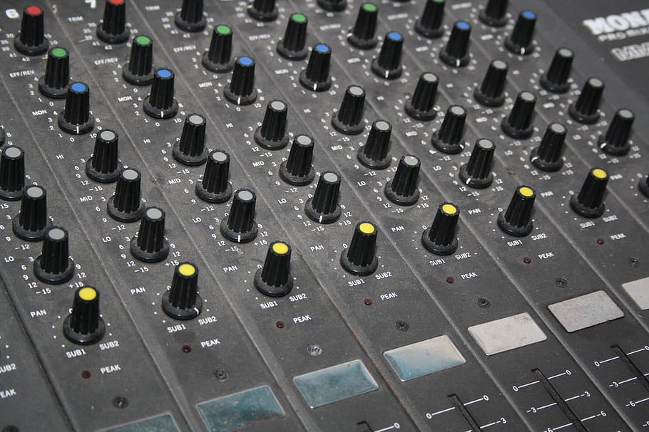 mixer de áudio preto, mixer, pa, estúdio, som, slider, estúdio de música, música, controle, tela cheia