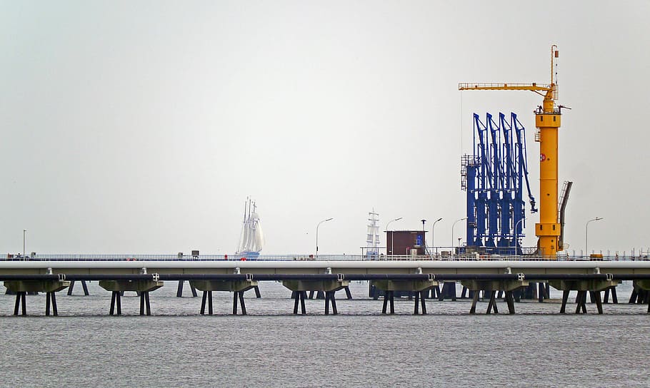 rig minyak, tubuh, air, pelabuhan minyak, jembatan laut, konveyor, Wilhelmshaven, kapal layar, kapal tinggi, lomba layar