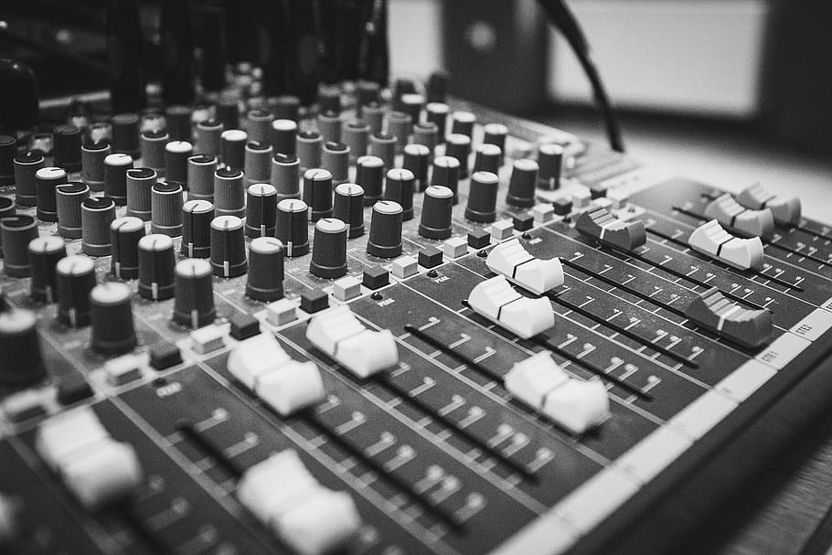 grayscale photography, mixing, console, audio, black and white, black, white, concert, electronic, engineering