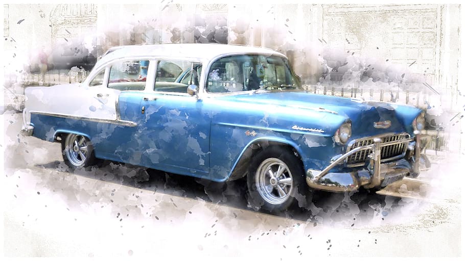 blue sedan, chevrolet, cuba, havana, oldtimer, nostalgic, vehicle, automotive, classic, blue