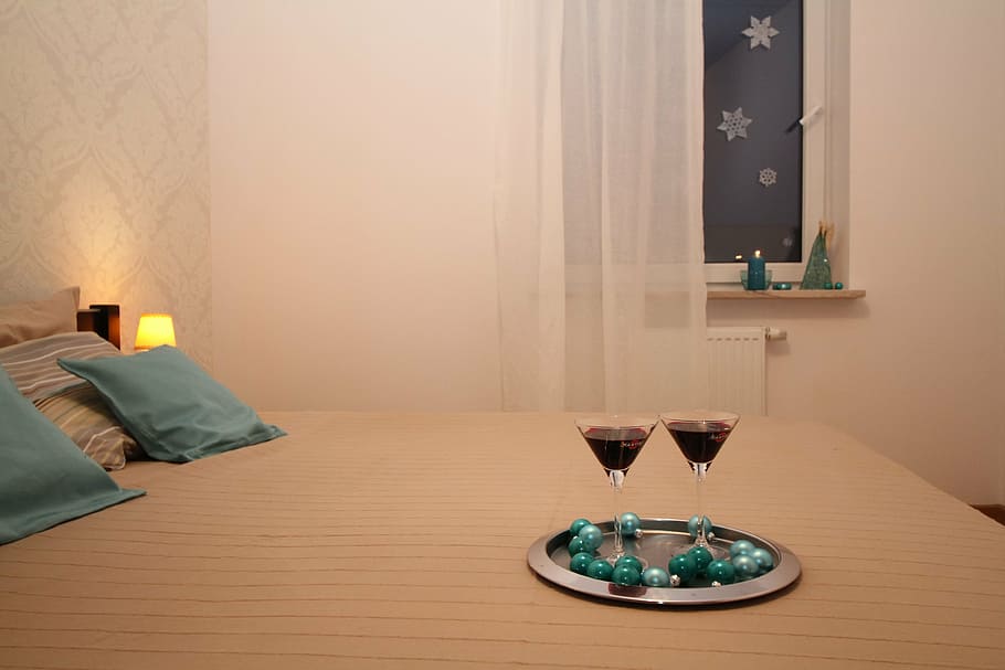 two, cocktail glasses, bed, apartment, bedroom, room, house, residential interior, interior design, decoration