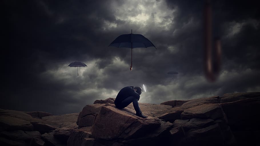 sadness, disappointment, collapse, fantasy, wallpaper, cloud - sky, sky, real people, one person, rock - object