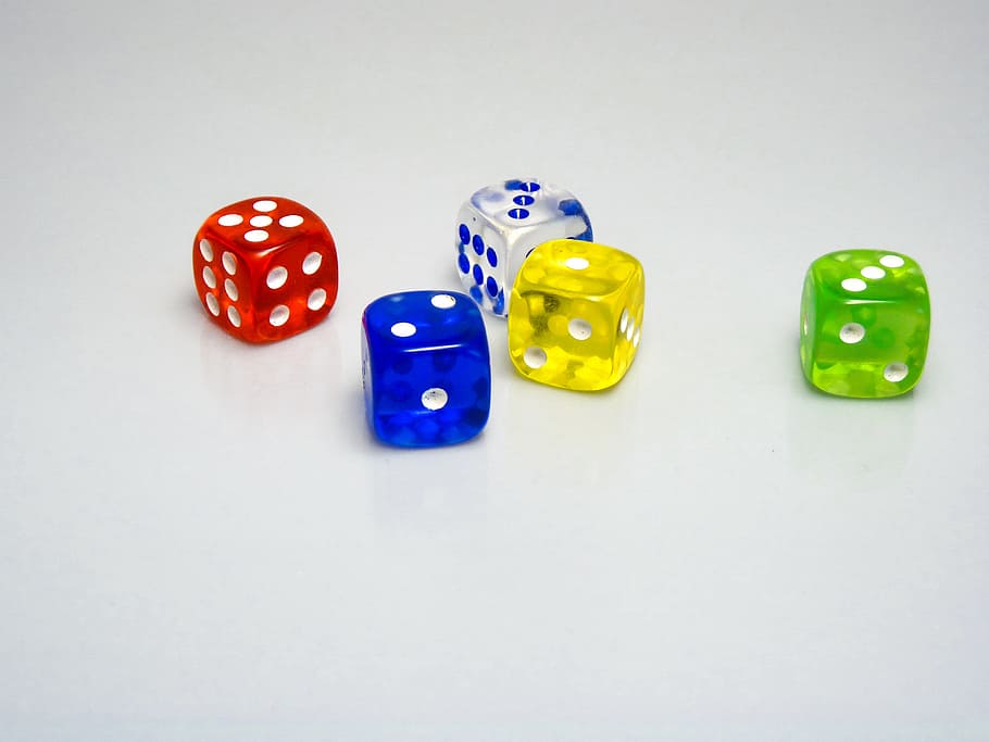 five, assorted-color game dices, dice, game, toy, gambling, red, blue, green, luck