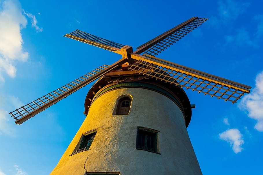 gray, brown, concrete, building, blue, sky, blue sky, windmill, clouds, scenic