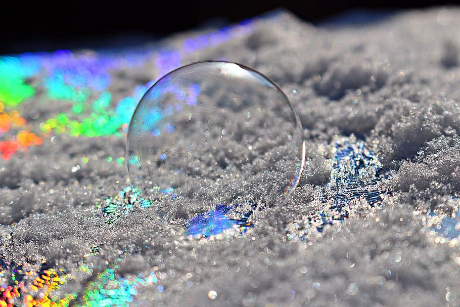 burbuja de escarcha, burbuja de jabón, nieve, colorido, arco iris, papel fotográfico, eiskristalle, burbuja de hielo, burbuja congelada, escarcha