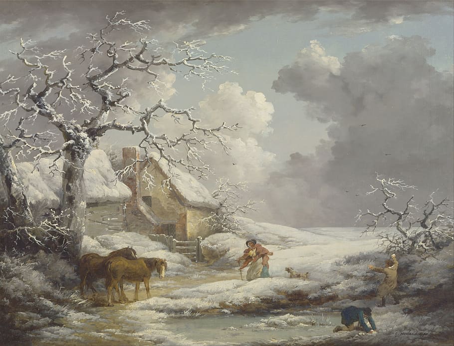 house, cover, snow, bare, tree painting, george morland, painting, oil on canvas, artistic, nature
