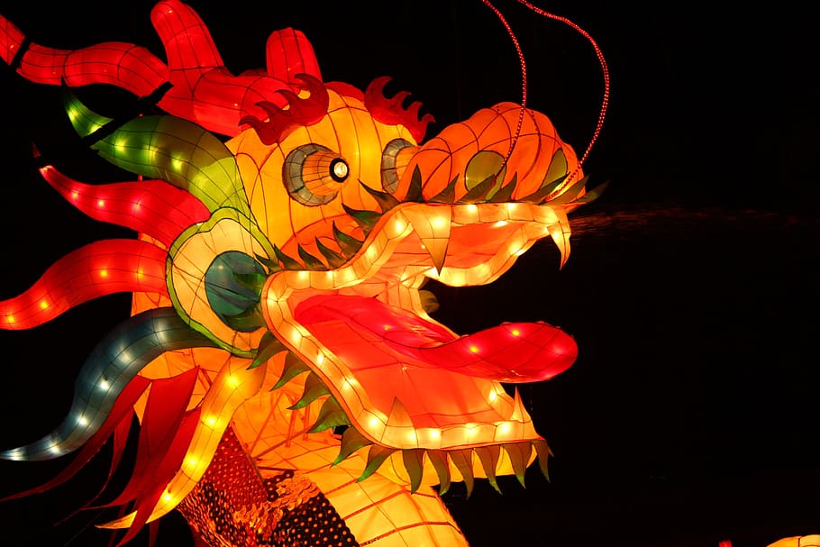 orange dragon lamp, the lantern festival, dragon, lantern festival, traditional folk, decoration, illuminated, art and craft, representation, night