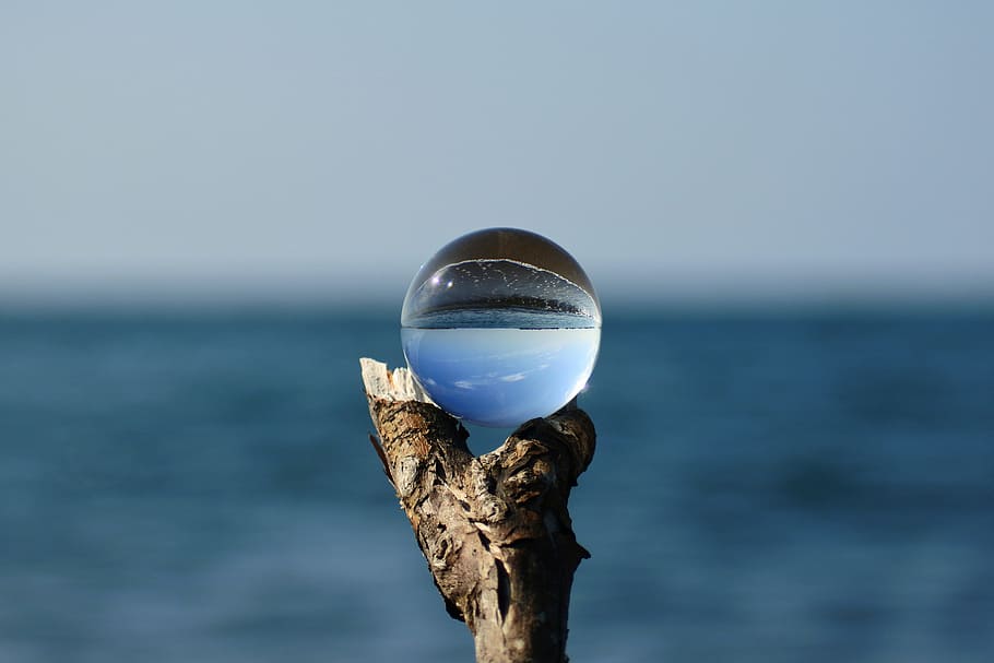natural, landscape, sea, beach, horizon, wood, glass, glass beads, the world upside down, horizon over water