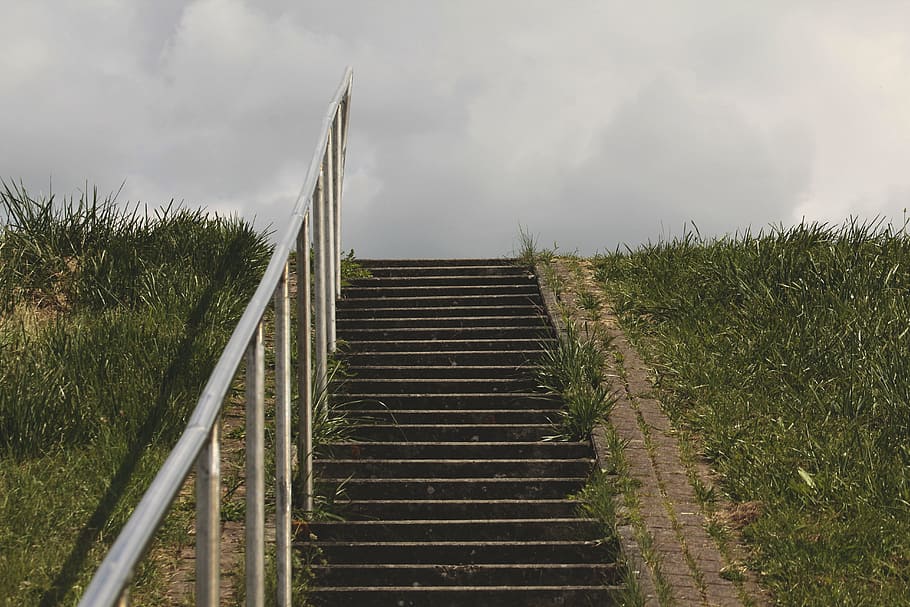 gradually, stairs, dike, grass, railing, metal, cold, clouds, dom, plant