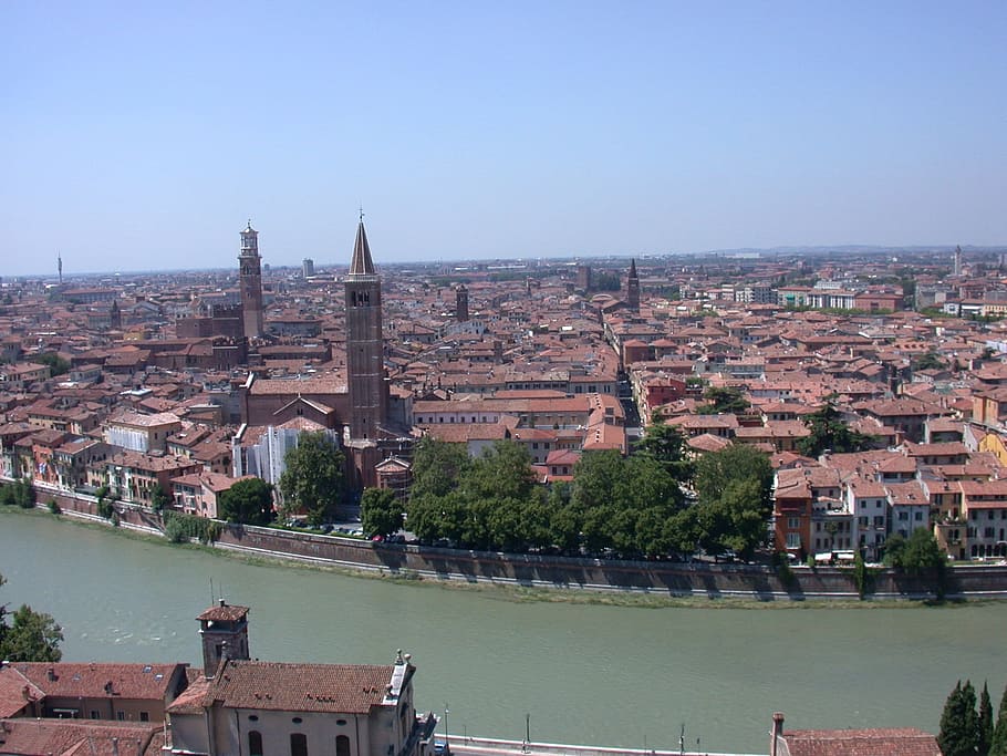 foto pemandangan, kota, di samping, sungai, verona, Italia, eropa, pemandangan, lanskap kota, bersejarah
