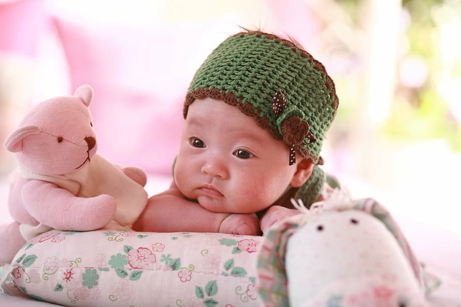 bayi, mengenakan, hijau, coklat, rajutan, topi, pink, teddy, bear, orang