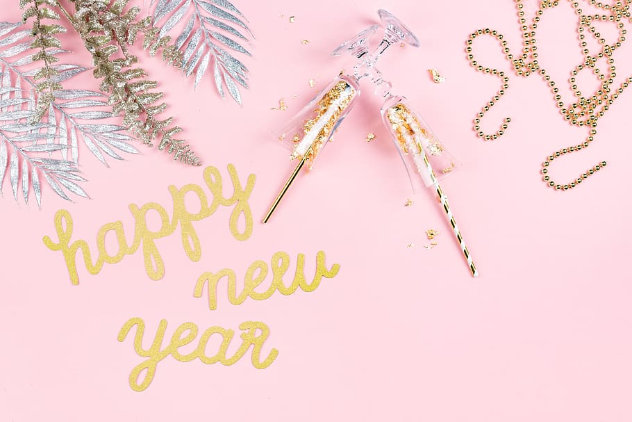 new year, background, party, pink, champagne, gold, decor, decorations, flatlay, flat lay