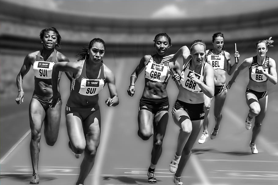 seis, mujeres, correr, campo, durante el día, carrera de relevos, competencia, estadio, deporte, atletismo