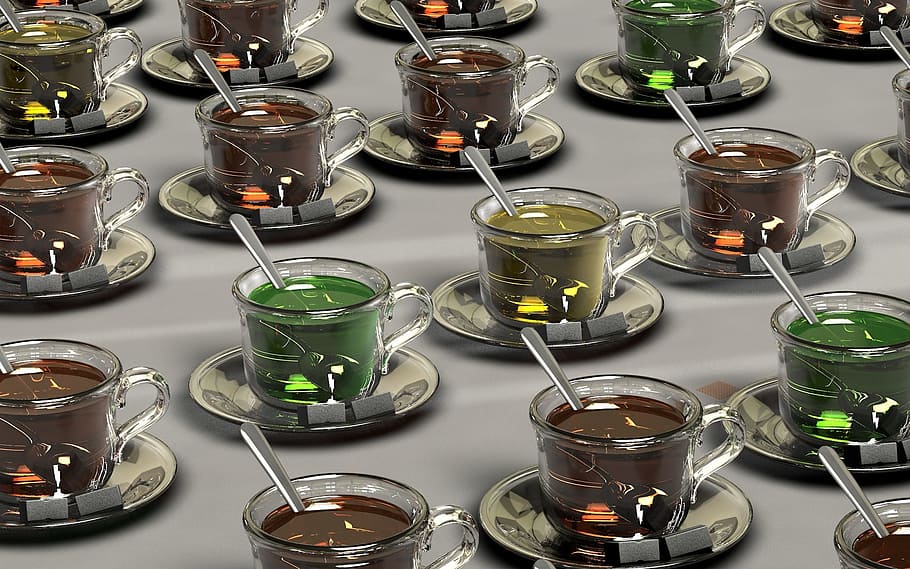 claro, taza de té de vidrio, color variado, líquido, dentro, lote, taza, camiseta, taza de té, taza de vidrio