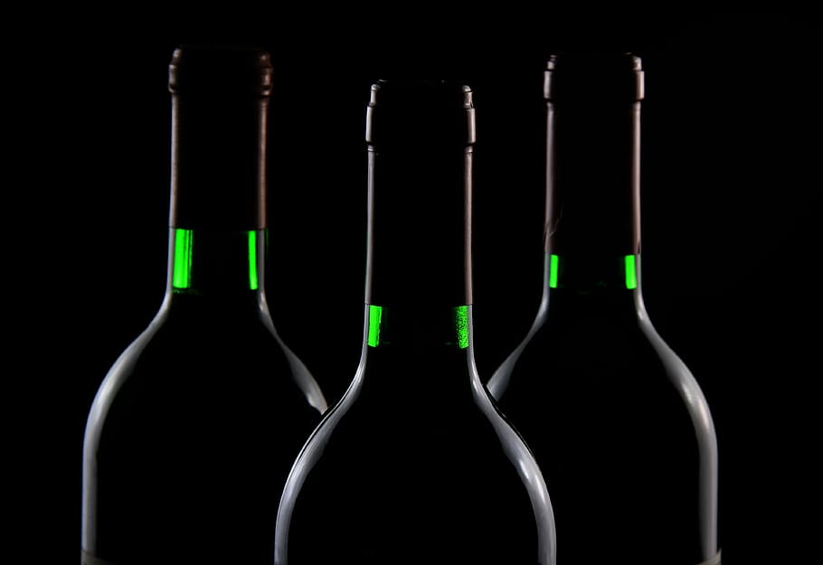 three glass bottles, bottle, beverage, wine, drink, alcohol, alcoholic, drinking, silhouette, spirit
