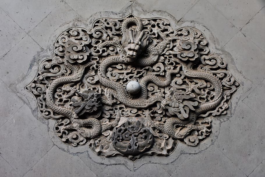 chinese ancient architecture, pattern, dragon, creativity, art and craft, craft, carving - craft product, representation, design, wall - building feature