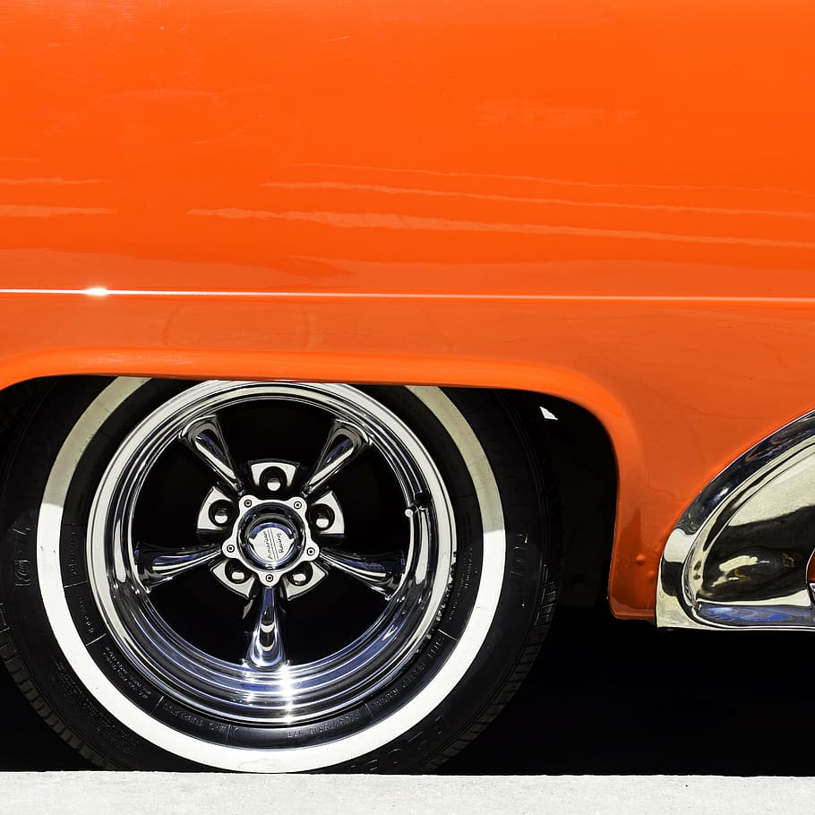 classic, orange, vehicle, chrome 5-, 5-spoke, vehicle wheel, white, wall tire, car, auto