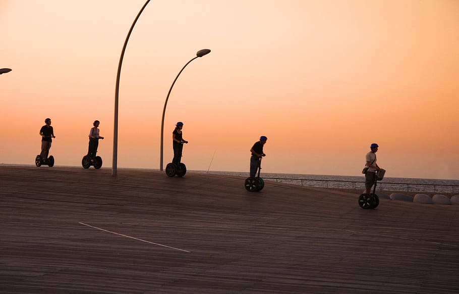five, people, riding, personal, transport machine, segway, group, sunset, transportation, modern