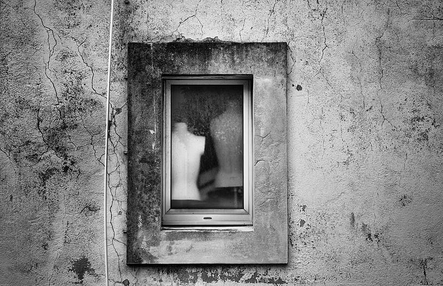Window, Mannequins, Glass, black and white, architecture, built structure, door, building exterior, day, wall - building feature
