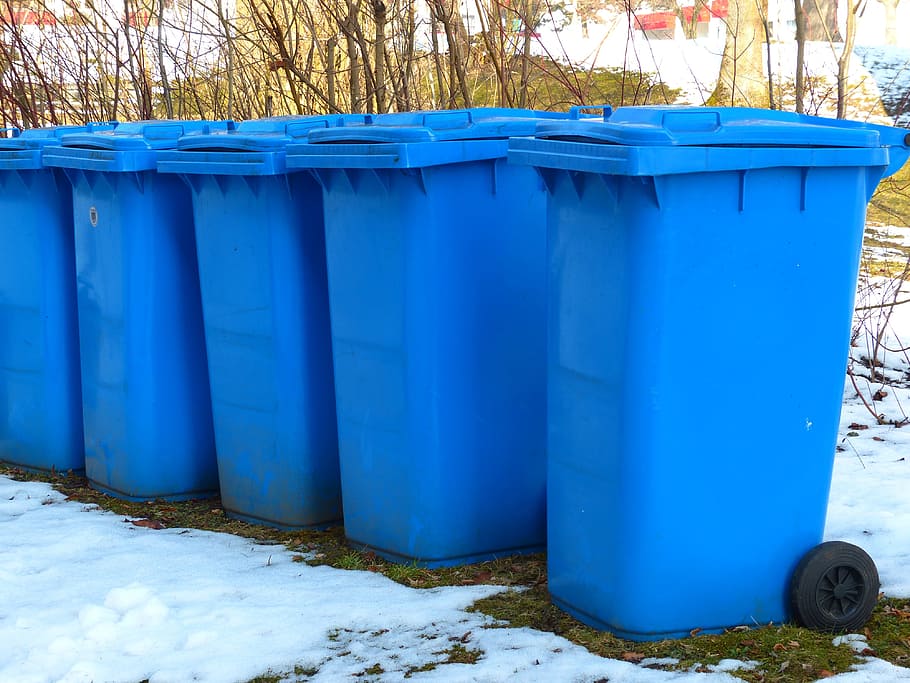 five, garbage bins, Dustbin, Paper, Wheelie Bin, Blue, Tonne, paper wheelie bin, blue tonne, ton of plastic