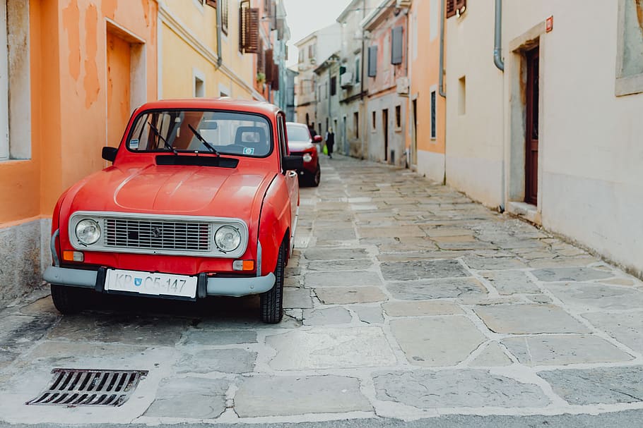 4, carro, antigo, vermelho, rua, isola, Europa, vintage, transporte, velho