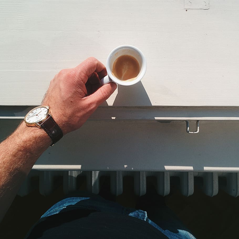 espresso o’clock, Espresso, clock, coffee, hands, top view, white background, men, human Hand, cup