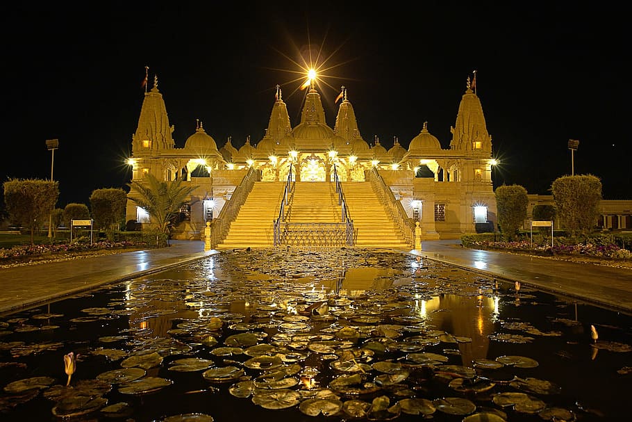 Templo, India, Lugares de interés, Noche, Reflexión, turismo, reflejo en el agua, iluminado, arquitectura, estructura construida
