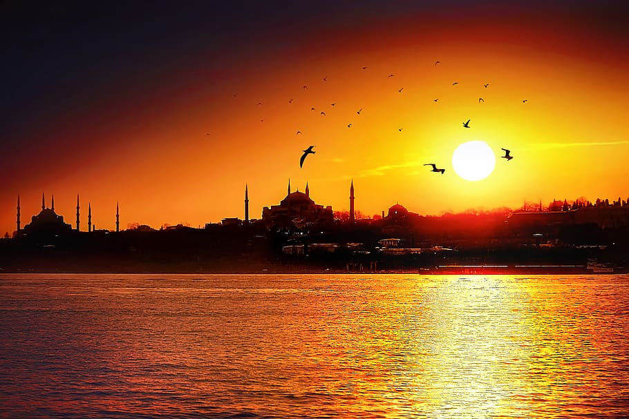city, sunset, cityscape, istanbul, silhouette, reflection, architecture, mosque, sky, turkey