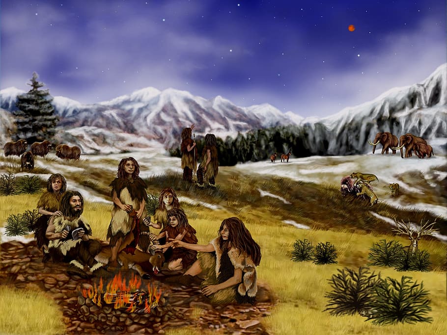 foto, asli, ilustrasi Amerika, neanderthal, prasejarah, gunung, hewan, pemandangan, orang-orang, primitif
