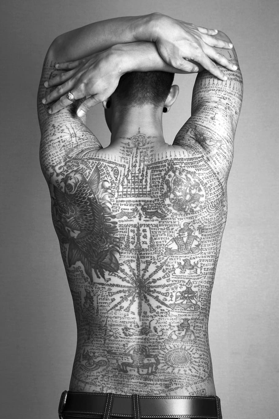 man, full, back, tattoo grayscale photo, full back, tattoo, grayscale, thai, traditional, bamboo