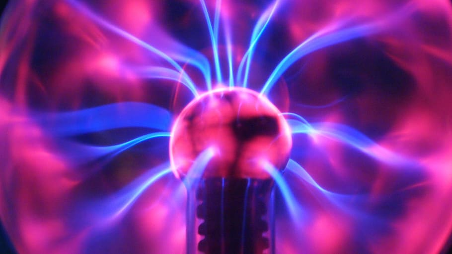 fotografi close-up bola plasma, bola plasma, ungu, cerah, listrik, statis, cahaya, energi, daya, biru