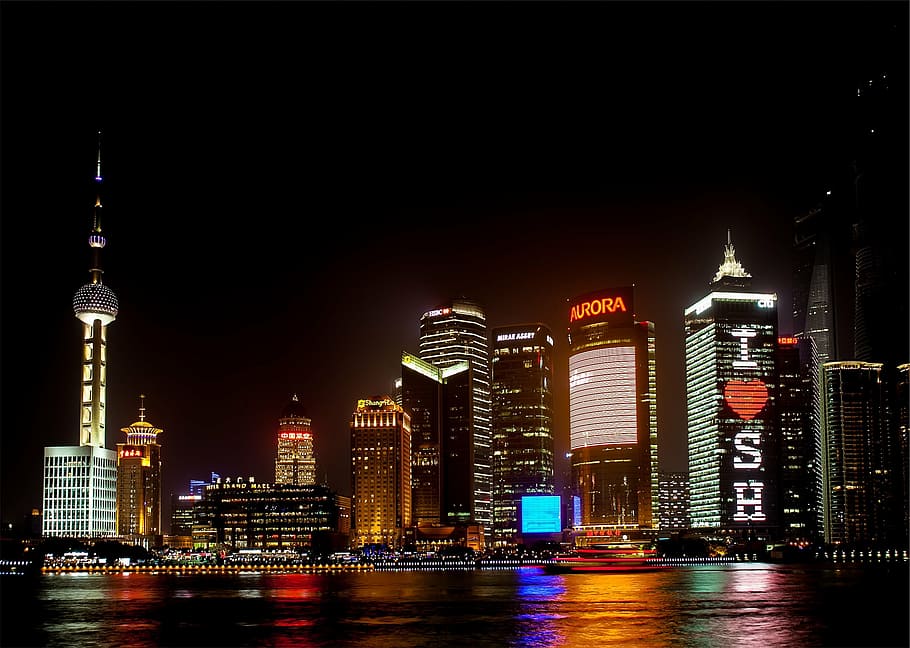 fotografía, paisaje urbano de Shangai, ver, ciudad, paisaje, noche, Shanghai, China, horizonte, edificios