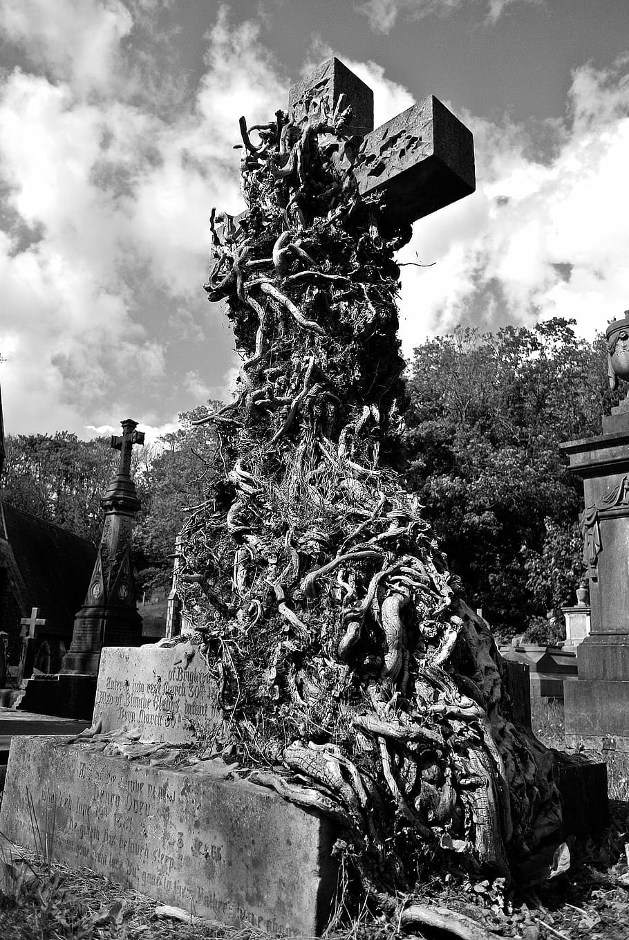 grayscale photo, cross, graveyard, cemetery, burial, death, funeral, grave, memorial, tomb