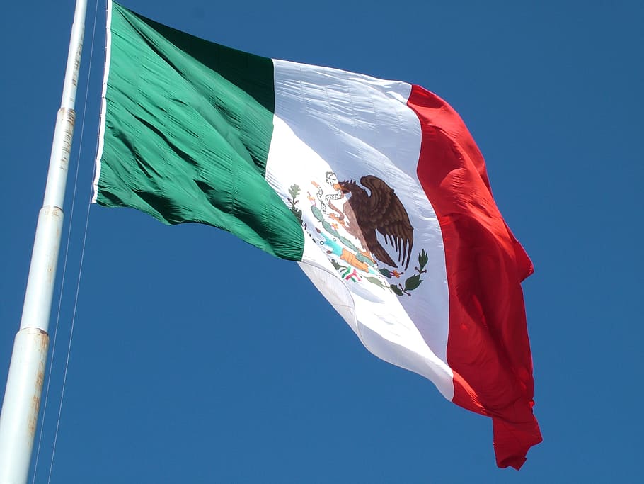 bandeira do méxico, bandeira, méxico, cores, patriotismo, céu, céu claro, vista de baixo ângulo, pólo, azul